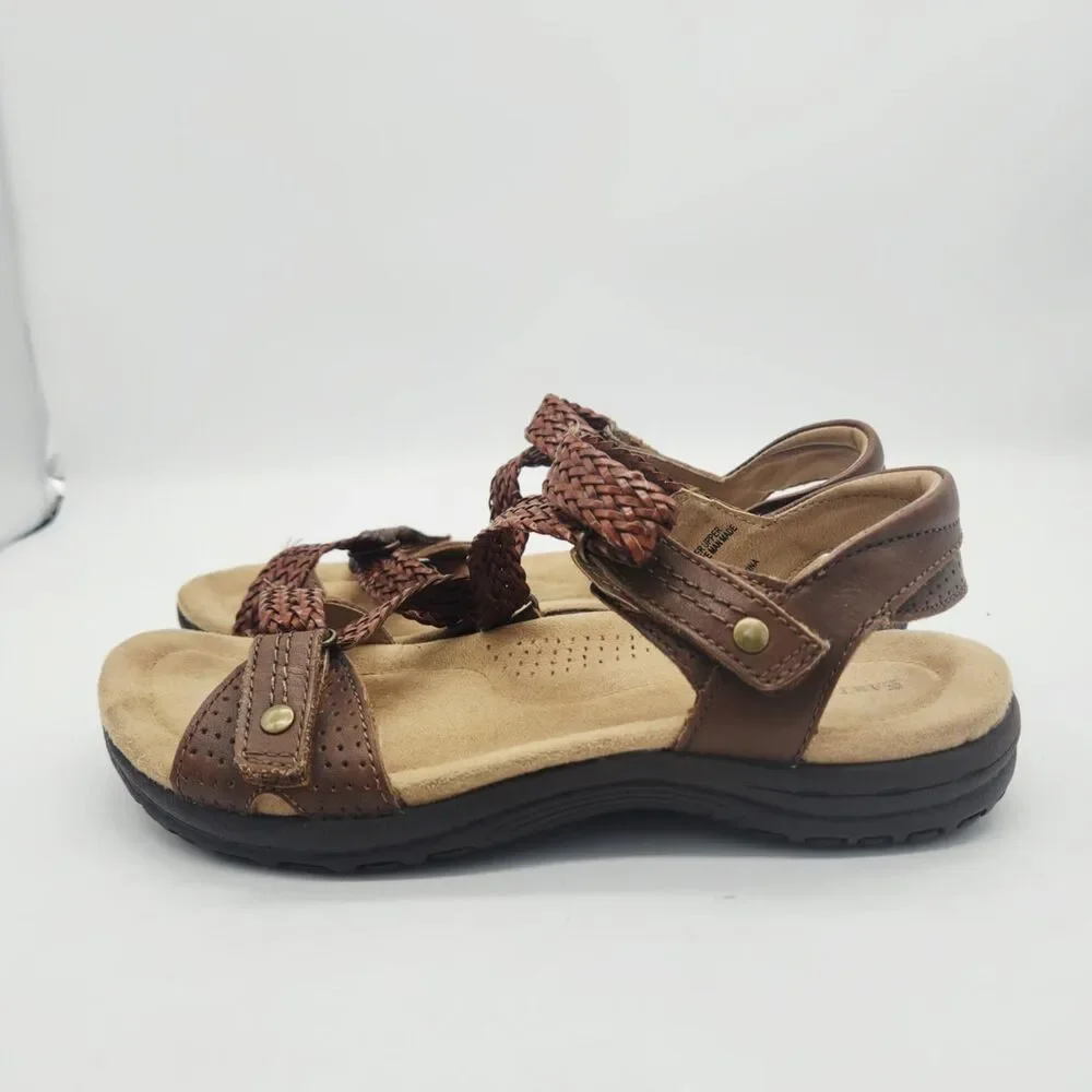 Earth Origins Stella Brown Braided Leather Slingback Sandals Womens 7 Adjustable